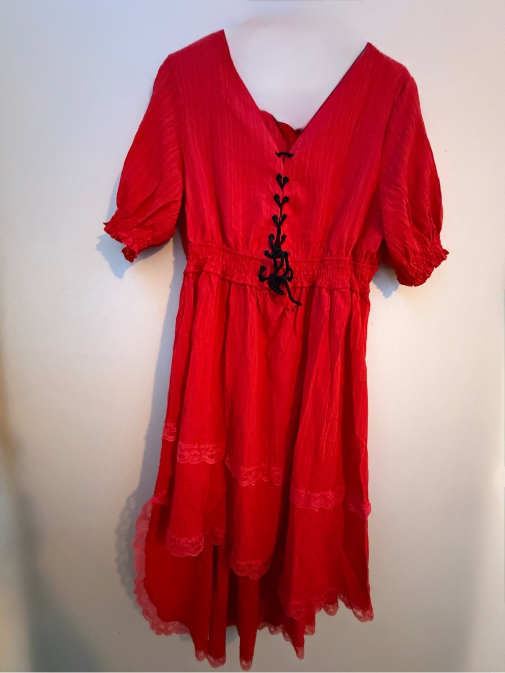 Red V-Neck Tiered Lace Midi Dress with Black Tie Detail